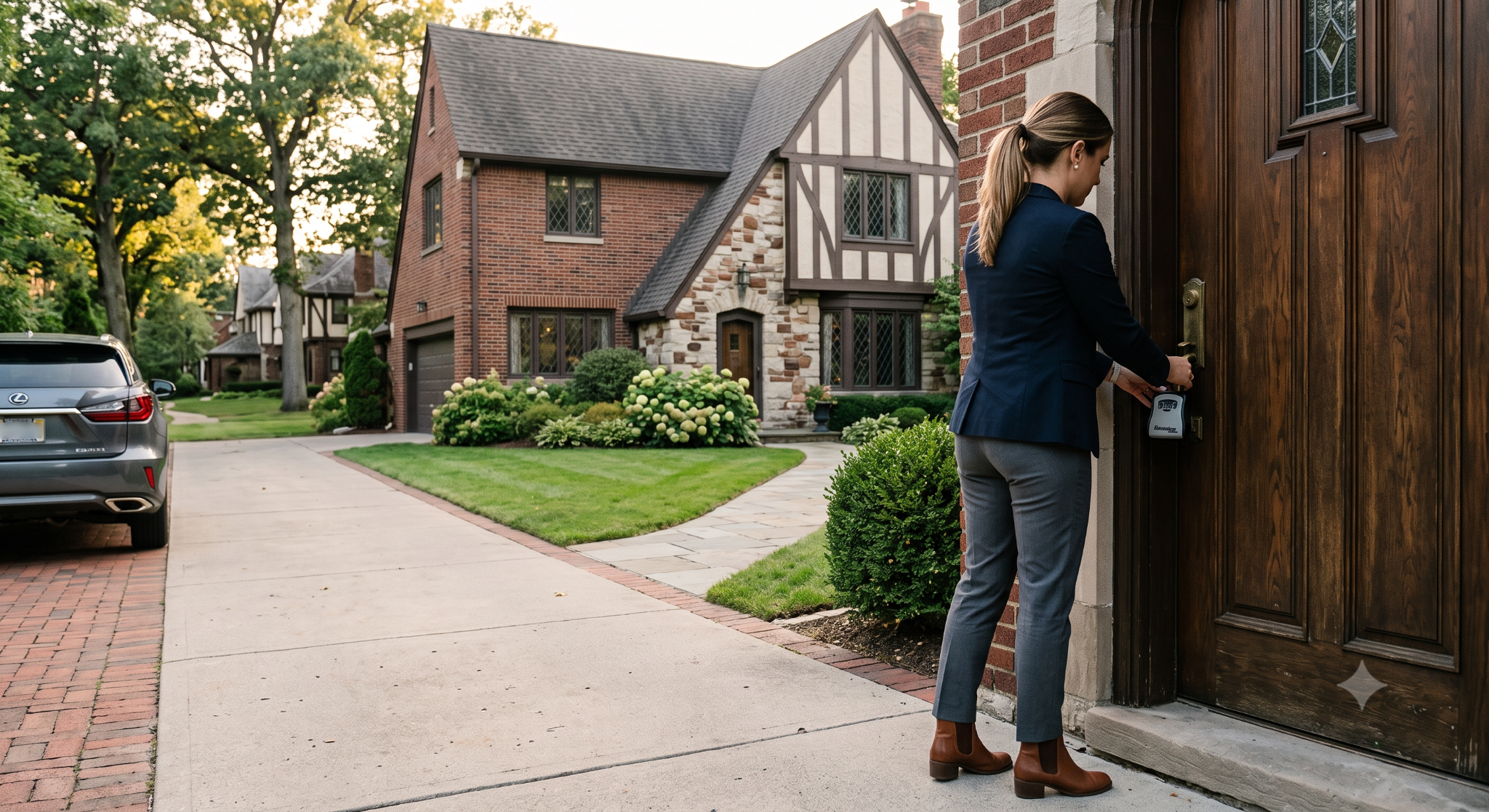 Listing agent meeting home sellers outside a Metro Detroit home